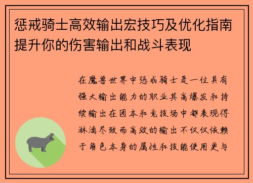 惩戒骑士高效输出宏技巧及优化指南提升你的伤害输出和战斗表现
